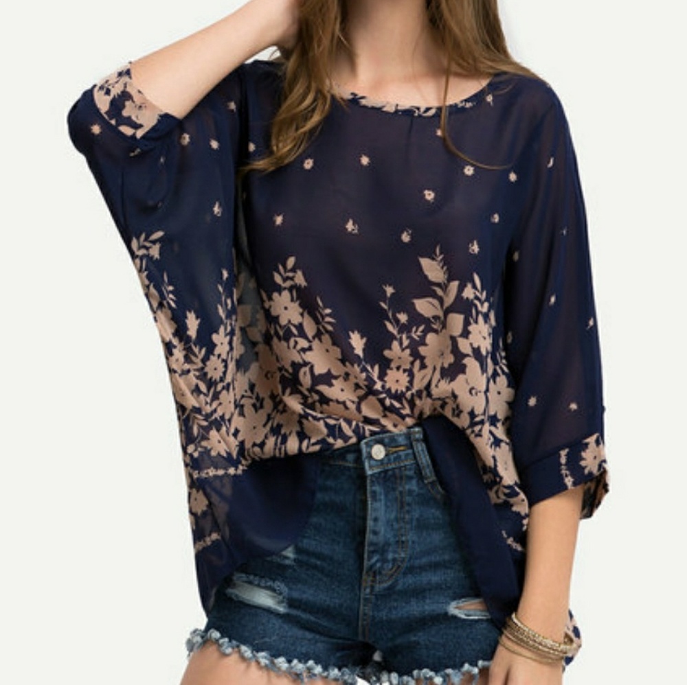 Floral poncho blouse semi sheer one size